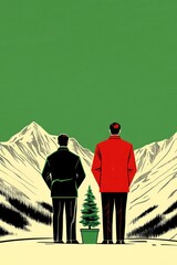 Poster - Two men in suits standing with a small Christmas tree in front of snowy mountains.