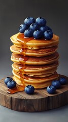 Wall Mural - Stack of fluffy pancakes topped with blueberries and syrup on a wooden surface