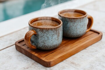 Sticker - Two steaming cups of coffee on a wooden tray by the pool.