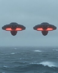 Two unidentified flying objects hover over a stormy ocean.