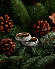 Poster - Two wedding bands with diamonds, set on pine branches with pine cones.