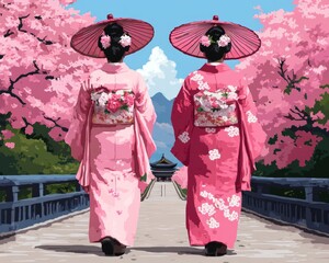 Two women in traditional Japanese clothing walk along a bridge with cherry blossoms in the background.