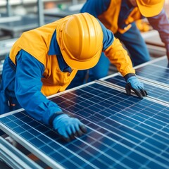 Two workers in yellow vests and hard hats install solar panels on a rooftop.