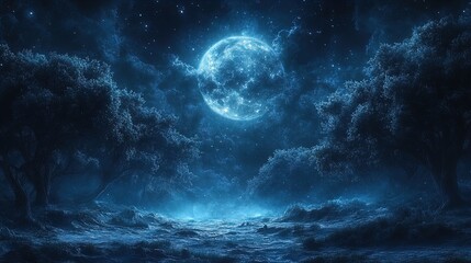 Wall Mural - A mystical nighttime landscape featuring a large, luminous full moon illuminating a tranquil scene. The moon's light casts shimmering reflections across a misty ground, accentuated by shades of deep b