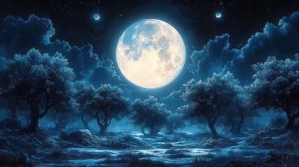 Wall Mural - A serene nighttime landscape featuring a large, luminous full moon shining brightly in a deep blue sky dotted with stars. Wispy clouds surround the moon, enhancing its ethereal glow. Below, a forest o