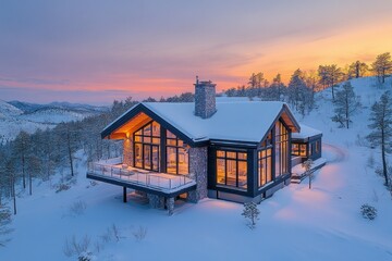 Canvas Print - A modern cabin in a snowy landscape during sunset, showcasing warmth and tranquility.