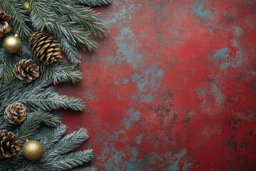 Wall Mural - Decorative Christmas wreath with pine cones and ornaments on red background