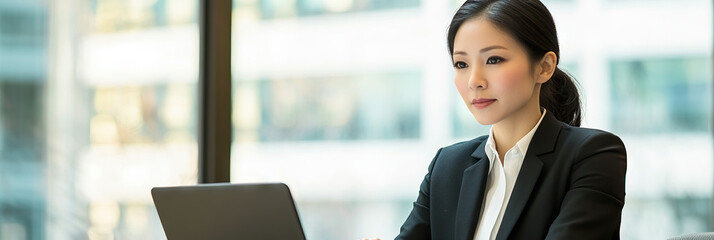 Asian female businesswoman in a formal suit, using a laptop computer while taking a break in a modern office setting.