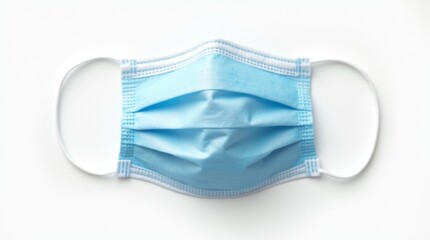 medical face mask on a white background, blue surgical mask with ear loops, detailed fabric texture, neatly folded pleats, neutral studio lighting, isolated image with no additional objects