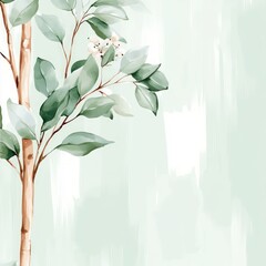 Poster - Watercolor painting of a branch with green leaves and white flowers on a light green and white background.