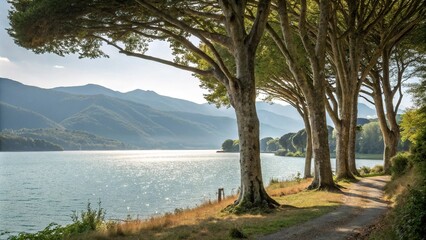 Majestic beech trees standing tall by a sparkling lake in tuscany, natural scenery, water's edge, countryside charm, lake reflections