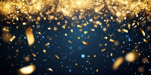 Wall Mural - A dynamic gold burst of confetti, suspended in mid-air against a dark backdrop, creating a festive and exciting atmosphere