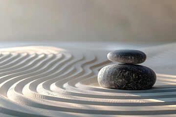 two smooth stones rest peacefully atop one another, surrounded by graceful, undulating lines in soft
