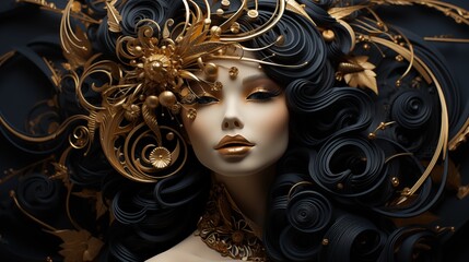 Wall Mural - elegant gold and black decor piece with abstract art, perfect for luxurious home settings.