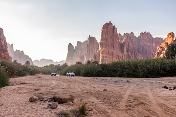 Sticker - Vehicles in Wadi Disah canyon, Saudi Arabia