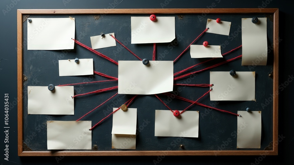 Crime scene photos and white notes connected with red string and pins ...