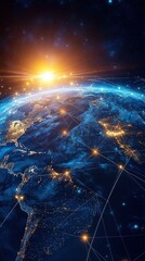 Wall Mural - glowing earth with network connections under sunrise