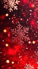 Wall Mural - glittering snowflakes falling on red christmas background
