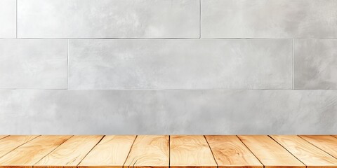 Wall Mural - Wooden countertop of a modern kitchen with gray tiles on the wall with empty space for presentation and text