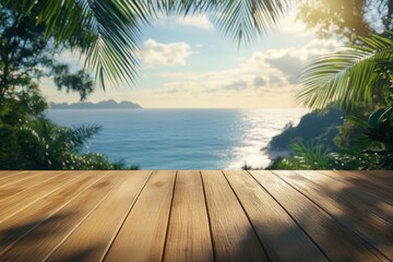 Poster - Relaxing beach view with wooden table under palm trees during golden hour at tropical location