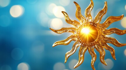 Wall Mural - a radiant gold sun icon, glowing against a blurred blue sky, with rays radiating warmth and celebrat
