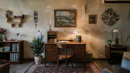 Vintage desk with a lamp and a plant in a cozy room.