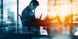 © watz - Silhouette of man using phone, cityscape double exposure..