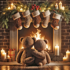 Two teddy bears sit closely together in front of a cozy fireplace, surrounded by candles and Christmas stockings hung on the mantel