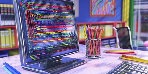 A computer monitor displays lines of complex code, reflecting onto a pristine white desk.