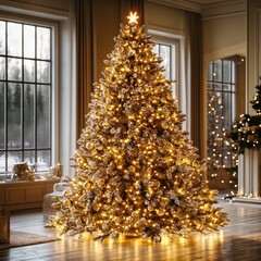 Wall Mural - golden christmas tree branches shining with warm lights
