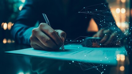 Wall Mural - Double exposure of businessman's hands typing on computer