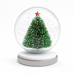 Wall Mural - snow globe with decorated christmas tree and snowflakes falling on a white background