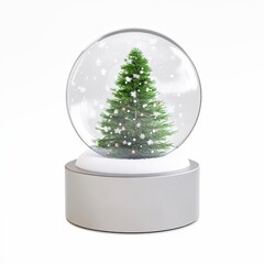 Wall Mural - snow globe with decorated christmas tree and snowflakes falling on a white background