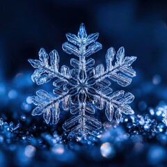 Intricate snowflake sparkling on fresh snow under winter sky