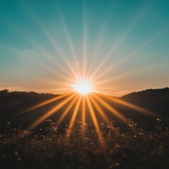 Wall Mural - A stunning golden sun, glowing brightly against a blurred blue sky, with rays radiating warmth and celebration