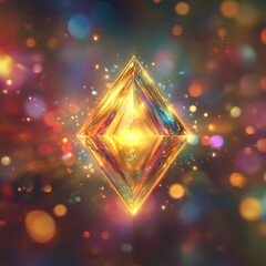 Wall Mural - An abstract design featuring a golden diamond shape, surrounded by a soft glow, set against a blurred backdrop of festive colors