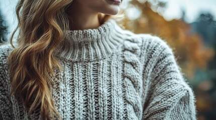 Wall Mural - Woman wearing knitted sweater enjoying autumn colors in nature