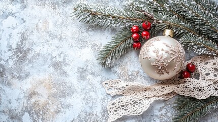 Wall Mural - christmas ornaments and pine cones resting on snow with fir branches