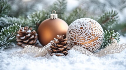 Wall Mural - christmas ornaments and pine cones resting on snow with fir branches