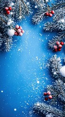 Wall Mural - christmas background with snowy fir tree branches and red berries on blue background