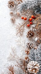 Wall Mural - christmas background with snowy fir tree branches and red berries on blue background