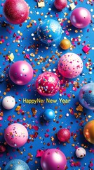 Wall Mural - happy new year greeting with colorful christmas decorations and falling confetti