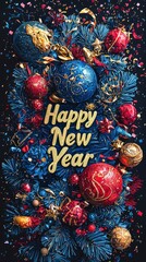 Wall Mural - happy new year greeting with colorful christmas decorations and falling confetti