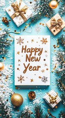 Wall Mural - happy new year greeting with colorful christmas decorations and falling confetti