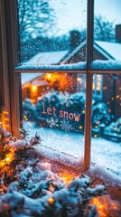 Wall Mural - let it snow writing on a window during winter holidays, with christmas decorations and blurred backg