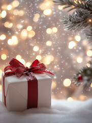 Wall Mural - A Christmas gift box with a red ribbon against a bokeh background. A Christmas present for a New Year celebration and holiday gift