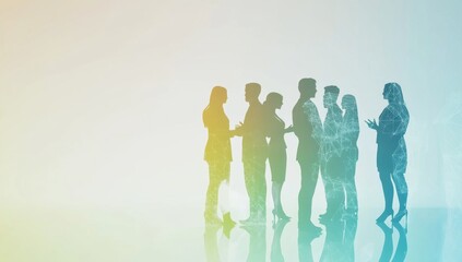 A group of people in silhouette standing and talking to each other, a social media post background with copy space on the right side, a white gradient color transitioning from green to blue Generative