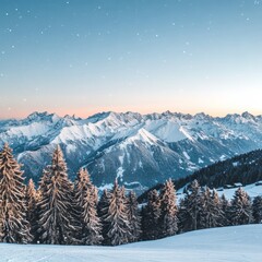 Wall Mural - idyllic snow-covered mountains with a soft blue sky at dawn, creating a serene holiday scene with ge