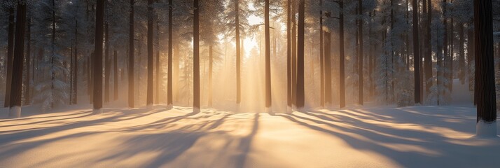 Wall Mural - Idyllic snowy landscape with gentle snowfall, tall fir trees, and soft morning light casting long shadows, creating a serene winter mood
