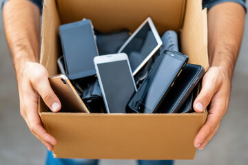 man hands holding cardboard box with used digital tablets, computers, smartphones, electronic device